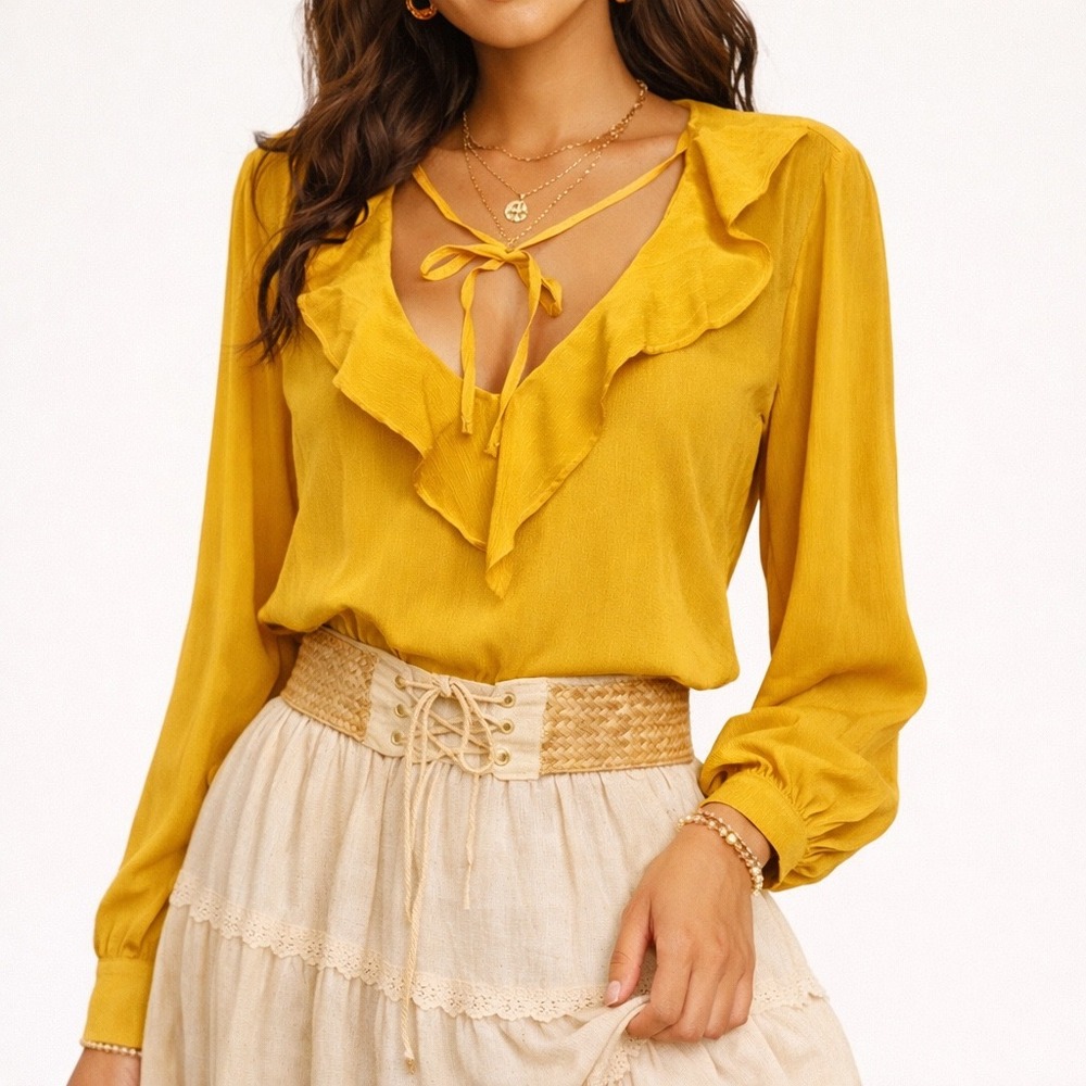 Mustard Yellow Tie Neck Blouse Long Sleeve Boho Romantic Cottagecore Top Women M